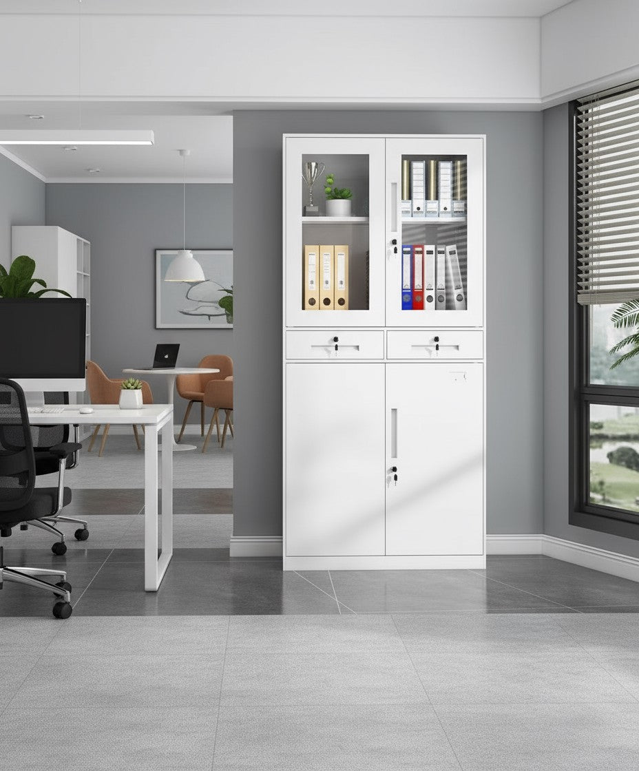 Metal filing cabinet closet with lockable doors and drawers