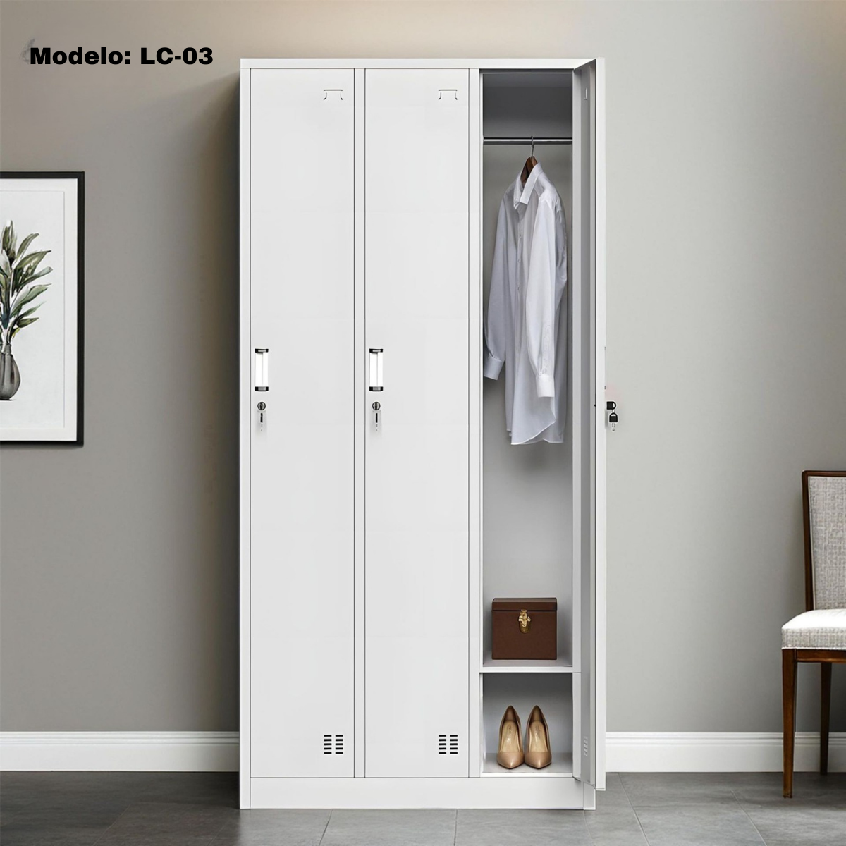 Armario Casillero Locker Metálico 3 Puertas Blanco con cerradura con llave.