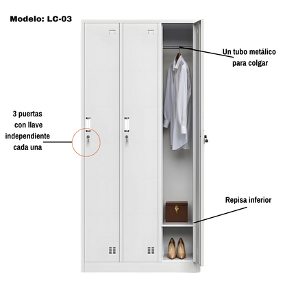 Armario Casillero Locker Metálico 3 Puertas Blanco con cerradura con llave.