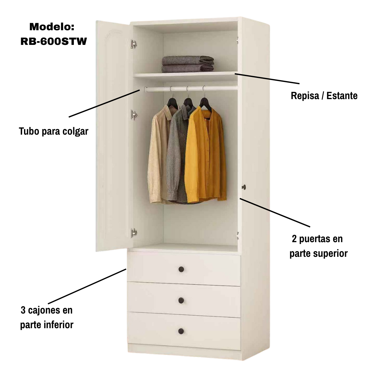 Ropero Closet Metálico 2 Puertas Con Colgador Y 3 Cajones
