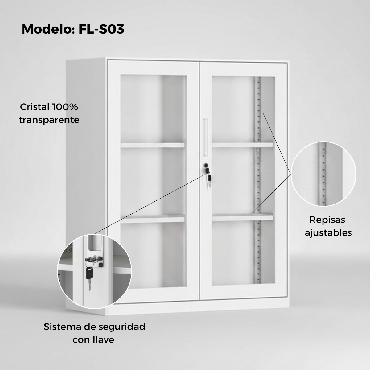 Gabinete / Archivero Metálico con puertas transparentes
