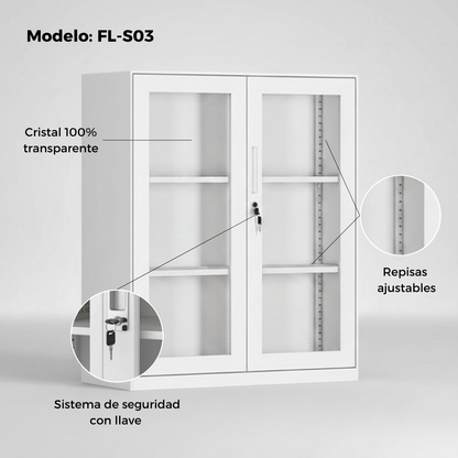 Gabinete / Archivero Metálico con puertas transparentes