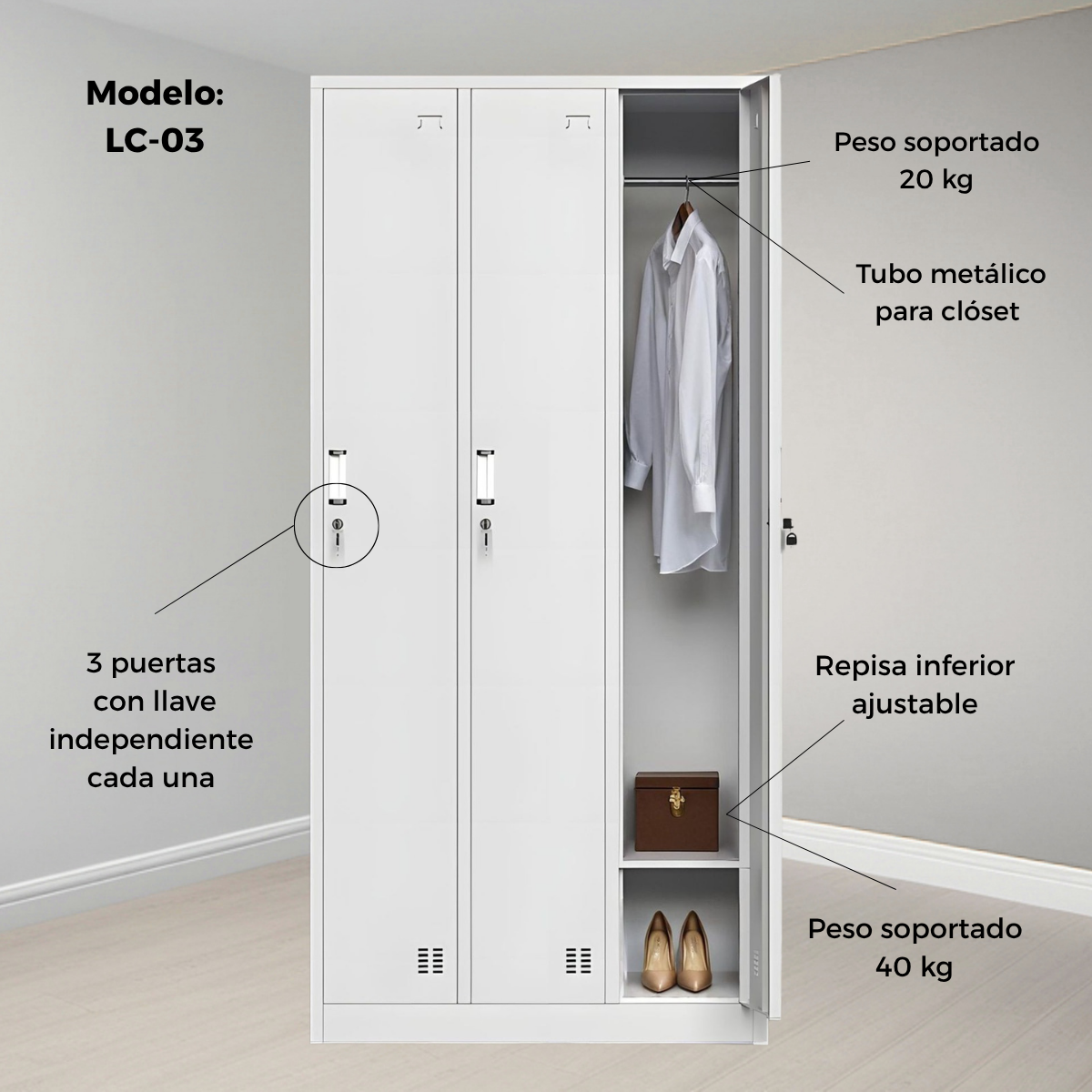 Locker Metálico 3 Puertas Blanco LC-03 Fuerza Metal