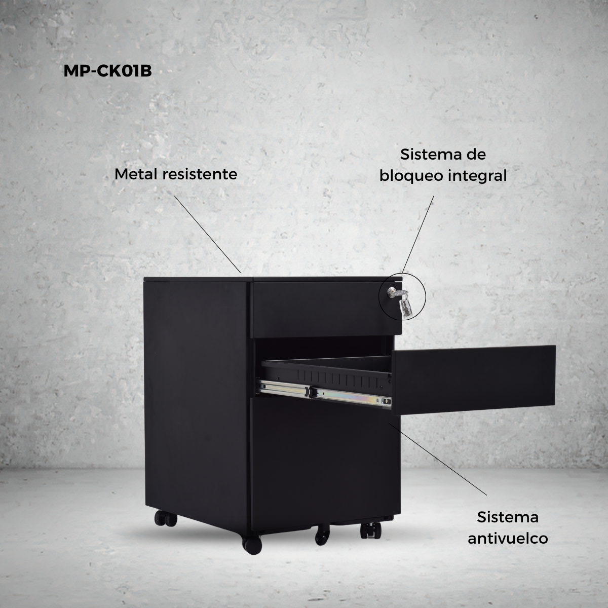 Archivero Metálico de 3 Cajones con Llave y Llantas Serie CK