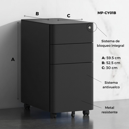 Archivero Metálico de 3 Cajones con Llave y Llantas Serie CY