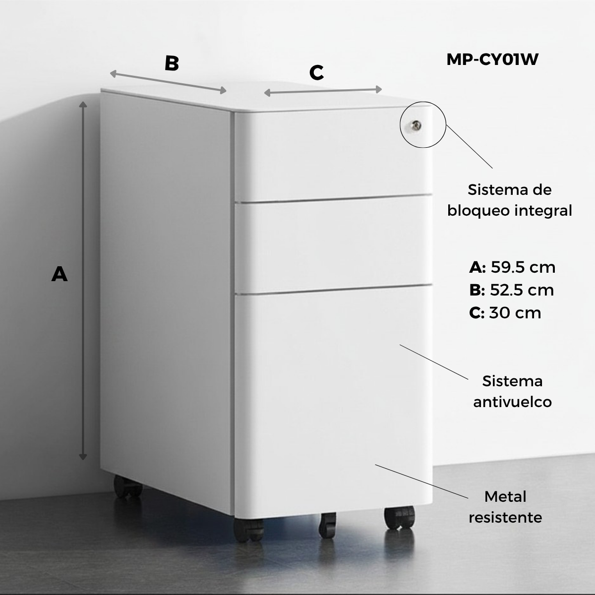 Archivero Metálico de 3 Cajones con Llave y Llantas Serie CY