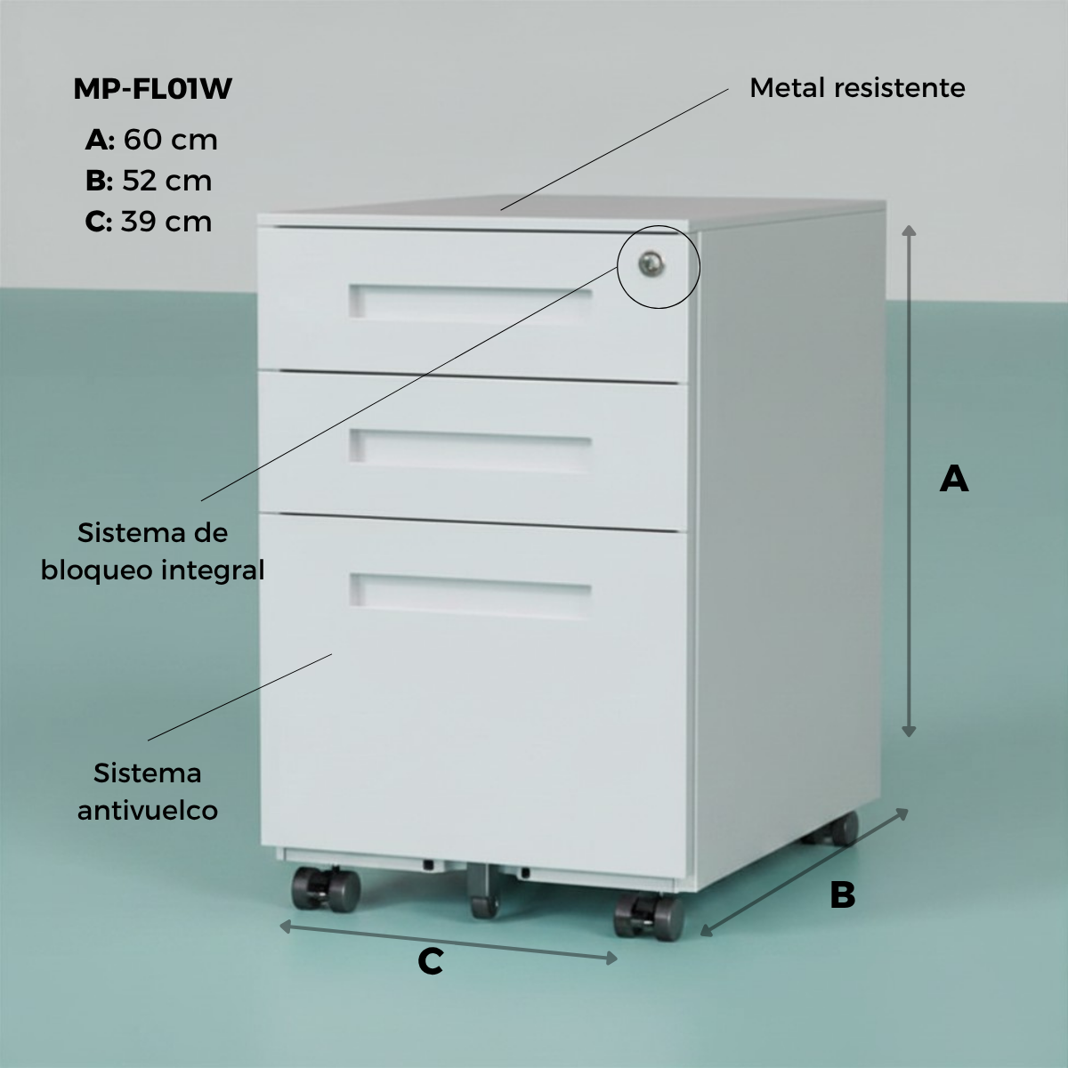 Archivero Metálico de 3 Cajones con Llave y Llantas Serie FL