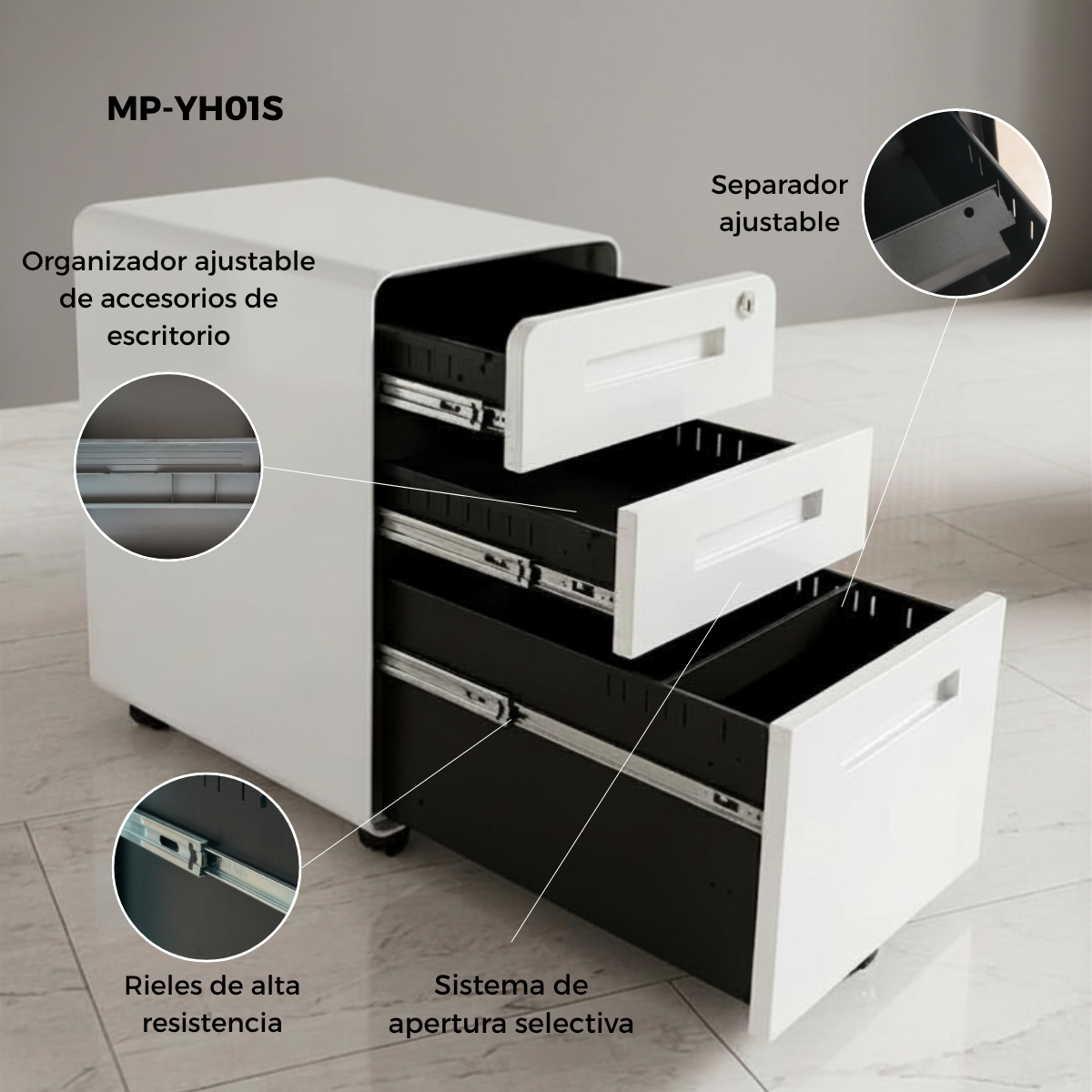 Archivero Metálico de 3 Cajones con Llave y Llantas  Serie YH
