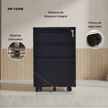 Archivero Metálico de 3 Cajones con Llave y Llantas Serie YZ