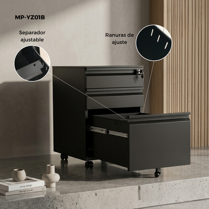Archivero Metálico de 3 Cajones con Llave y Llantas Serie YZ