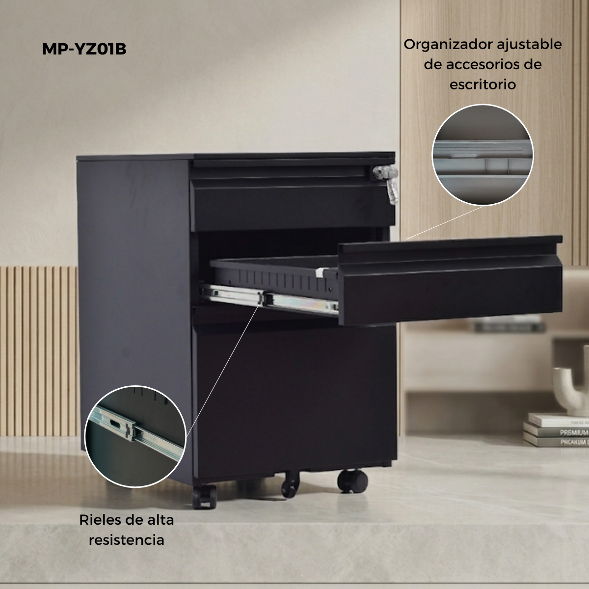 Archivero Metálico de 3 Cajones con Llave y Llantas Serie YZ