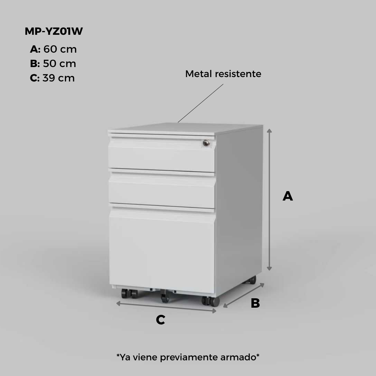 Archivero Metálico de 3 Cajones con Llave y Llantas Serie YZ