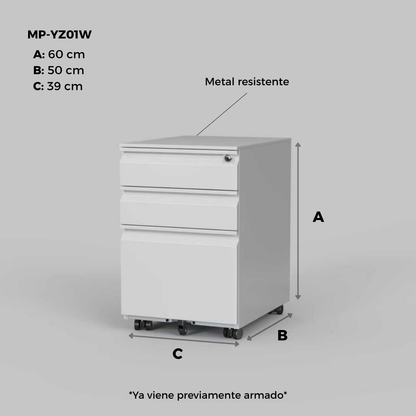 Archivero Metálico de 3 Cajones con Llave y Llantas Serie YZ