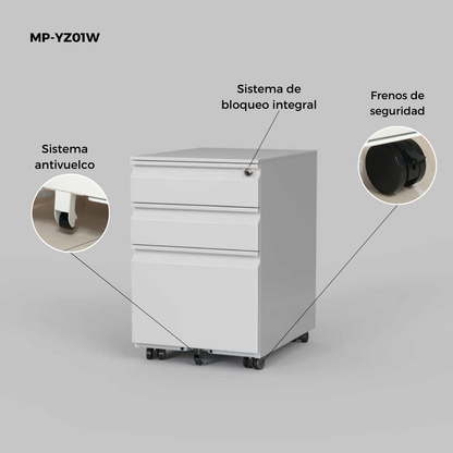Archivero Metálico de 3 Cajones con Llave y Llantas Serie YZ