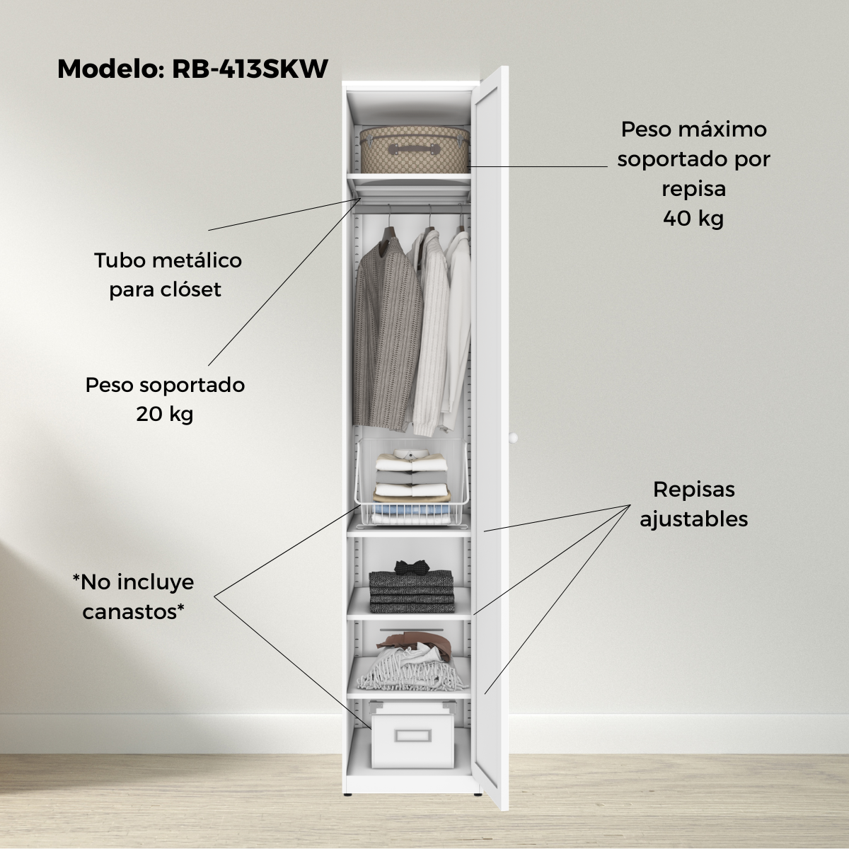 Ropero Closet Armario Metálico 1 Puerta con Colgador