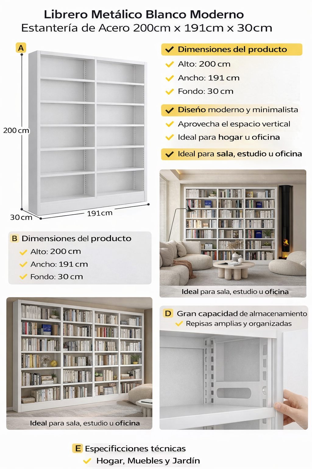 Librero Metálico Blanco Moderno | Estantería de Acero 200cm x 191cm x 30cm