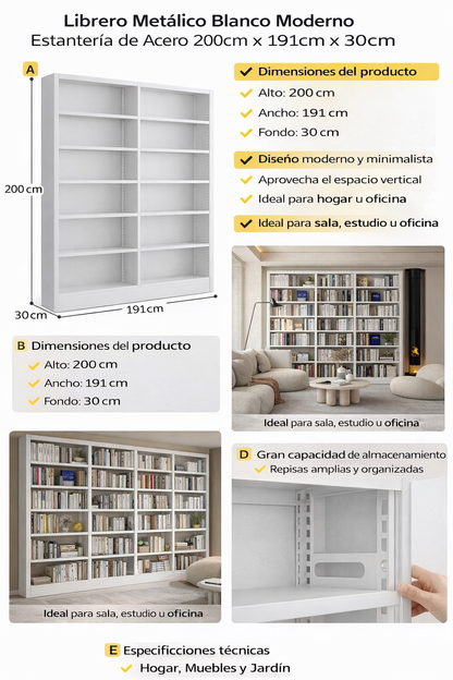 Librero Metálico Blanco Moderno | Estantería de Acero 200cm x 191cm x 30cm