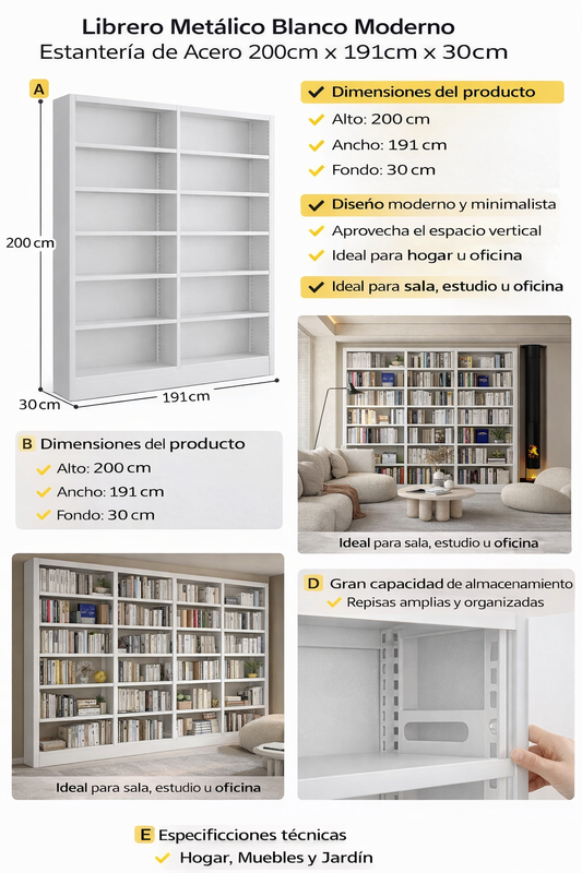 Librero Metálico Blanco Moderno | Estantería de Acero 200cm x 191cm x 30cm