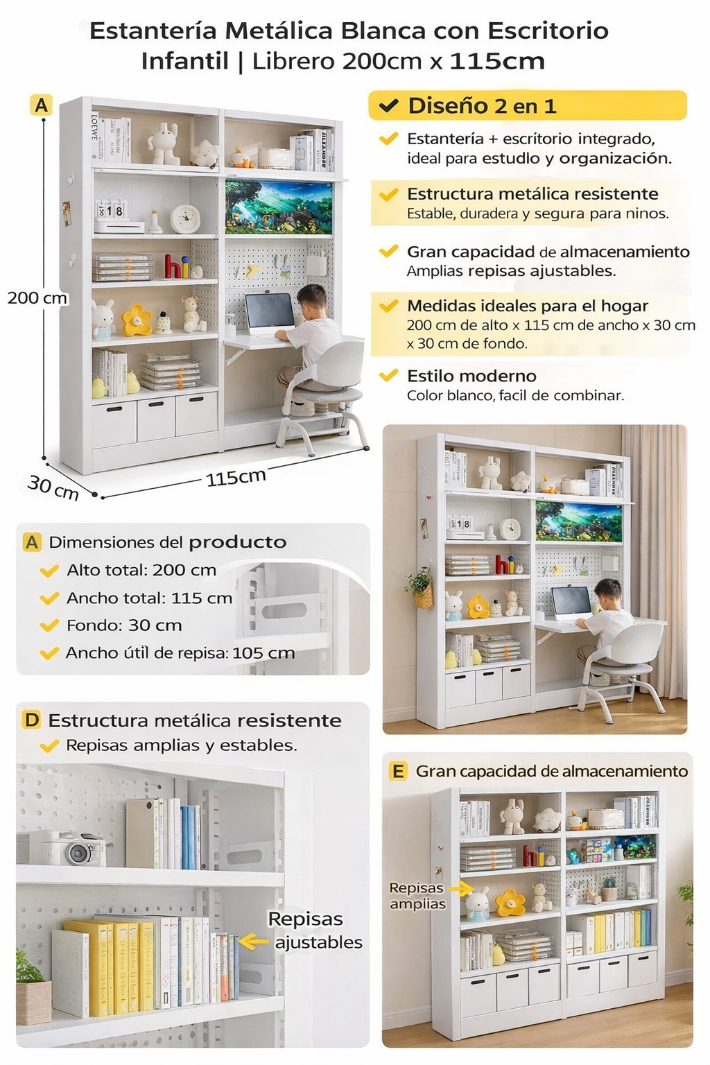 Estantería Metálica Blanca con Escritorio Infantil | Librero 200cm x 115cm