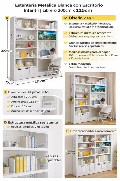 Estantería Metálica Blanca con Escritorio Infantil | Librero 200cm x 115cm