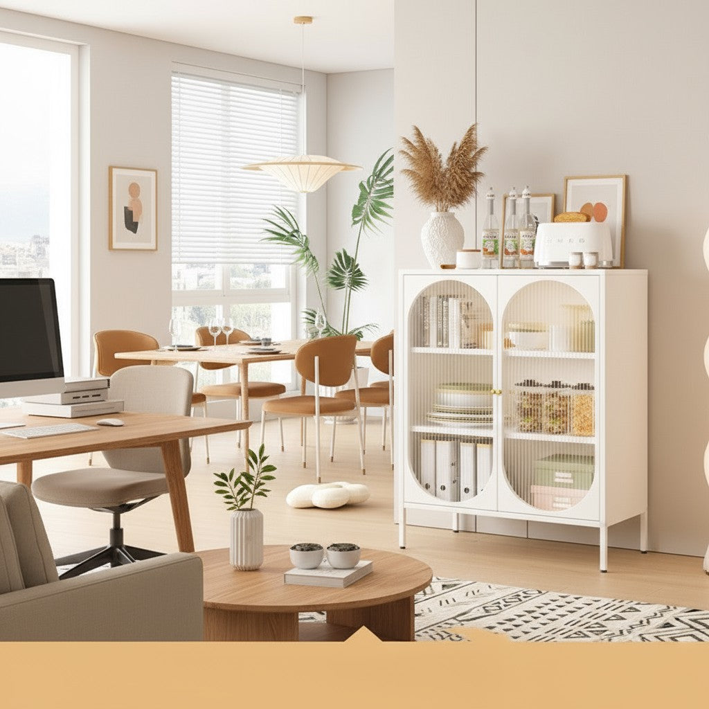 Metal filing cabinet with transparent cupboard-style doors