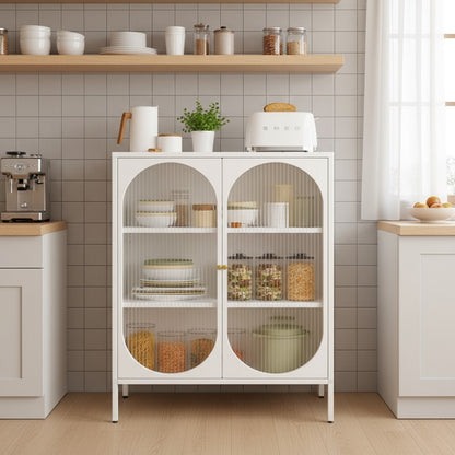 Metal filing cabinet with transparent cupboard-style doors