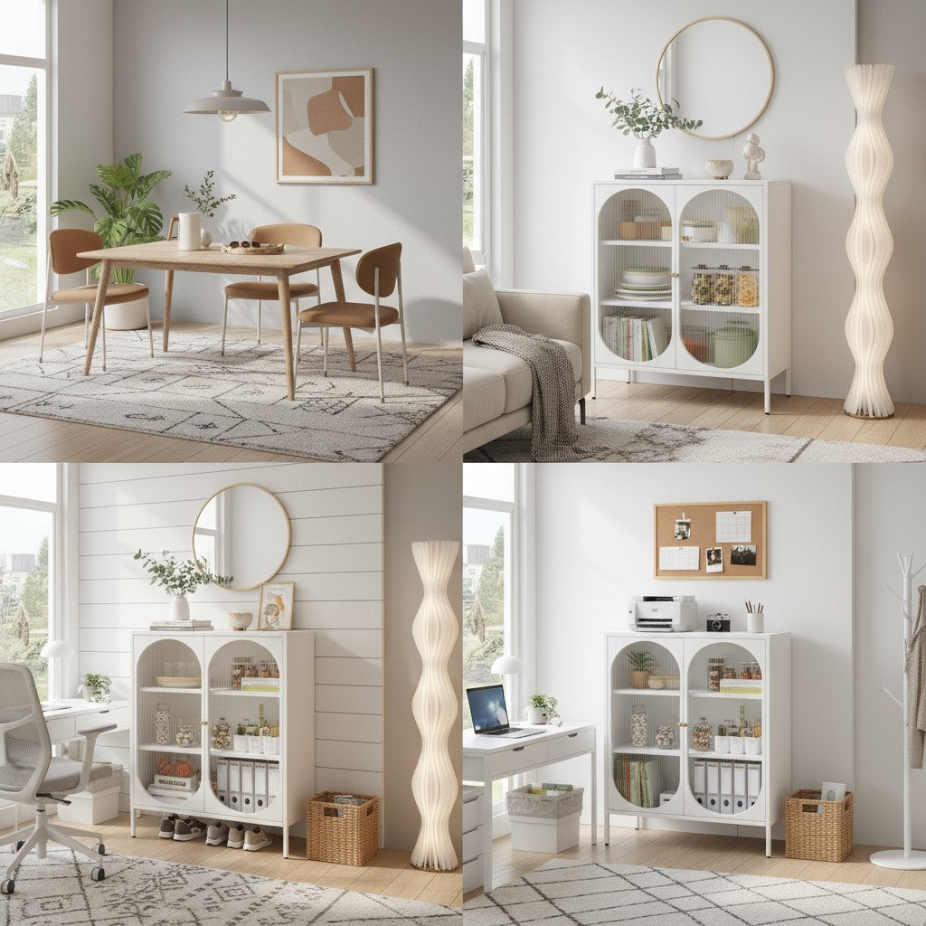 Metal filing cabinet with transparent cupboard-style doors