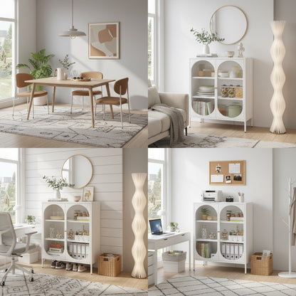 Metal filing cabinet with transparent cupboard-style doors