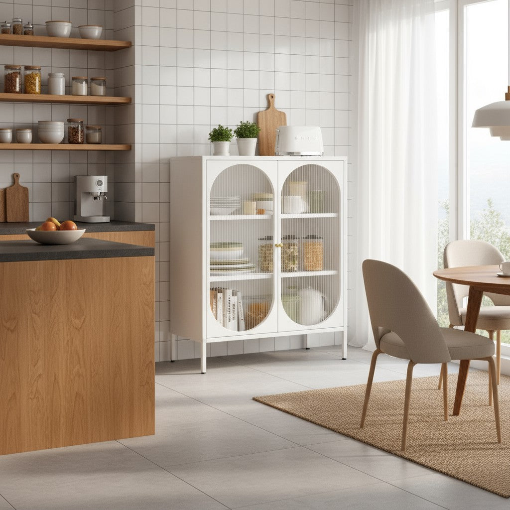 Metal filing cabinet with transparent cupboard-style doors