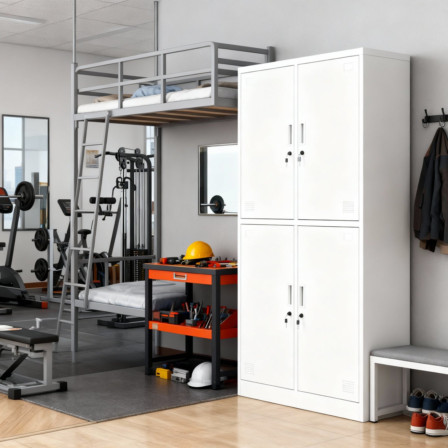 4-Door Metal Locker with Key, White