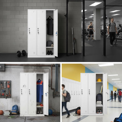 White Metal Locker Cabinet with 3 Doors and Key Lock. 